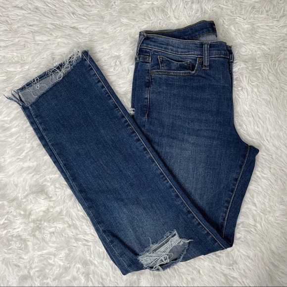 Banana Republic Denim - Banana Republic Girlfriend Jeans Distressed Raw Hem Dark Wash Women’s 28L
